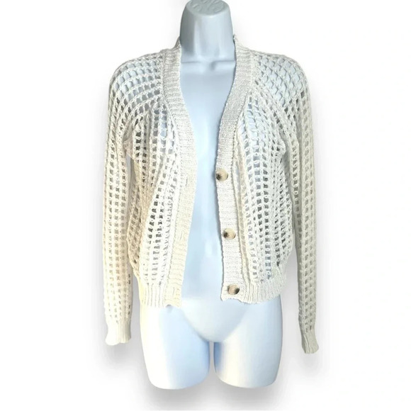 Open Knit Ivory Cardigan Sweater, Button-Up, Lightweight – Estimated Medium - Picture 2 of 8